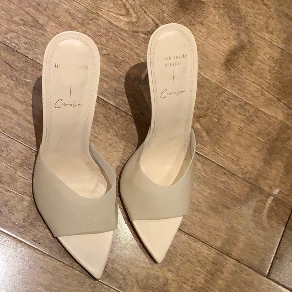 Black suede studio beige heel